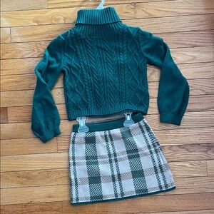 Tahari Teal Cable Knit Turtleneck and Plaid Skirt Set